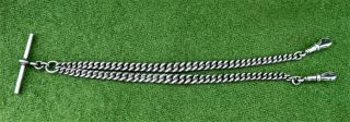 Vintage Silver Double " Albert " Watch Chain With T - Bar Attached - 1.  23oz