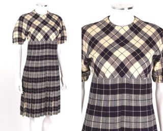 Vtg 1960s Early Pierre Cardin Plaid Empire Waist Short Sleeve Pleated Dress