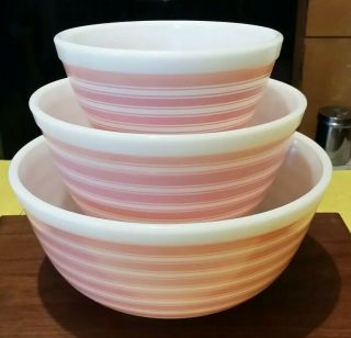Htf Vintage Pyrex Pink Stripes Mixing Bowl Set Excelent