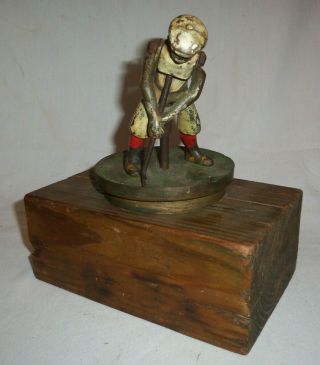 Rare Antique Part Coin Operated Metal Golf Figure Golfer On Wood Base 9.  5 " Tall