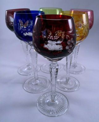 Set Of 6 Vintage 5 Oz.  Ajka? Bohemian Cut - To - Clear Crystal Wine Glass - 6 Colors
