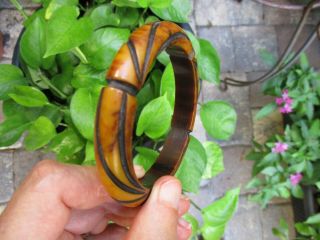 Rare Vintage 5/8 " Bakelite Bracelet Marbled Colors; Bamboo Inspired Carvings