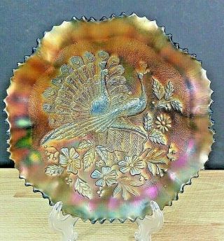 Antique Northwood Peacocks On Fence Ruffled Stippled Blue Carnival Glass Bowl