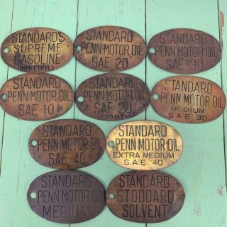 Antique Standard Gas And Oil Brass Tags Set Of 10 Vintage