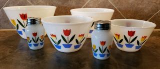 Vintage Fire King Tulip Nesting Bowls Set W/salt & Pepper Shakers Made In Usa