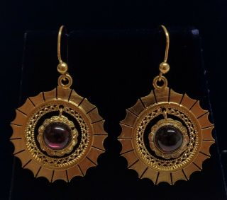 Victorian Garnet Drop Earrings 9ct Yellow Gold And Gold Plated - Length 35 Mm