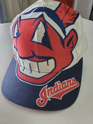 Rare Vintage Cleveland Indians BIG LOGO Chief Wahoo Snapback Hat 90s The Game ⭐ 2