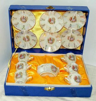 Empress Scene Lusterware Childs Porcelain Set 6 Cups Saucers 1 Sugar Bowl W/case