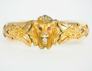 Antique Lion Head Bangle Bracelet Fmco Finberg Victorian Gold Filled Red Eyes