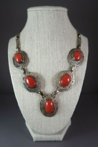 Allison Snowhawk Lee Vintage Sterling Silver/Coral Navajo Jewelry Set w/Necklace 10