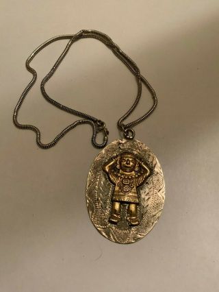 Vintage Mexican Sterling Silver And Gold Aztec Or Mayan God Necklace