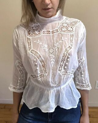 True Antique White Sheer Gauze Victorian Blouse Handmade Lace Embroidered