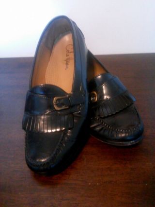 Vintage Cole Haan Black Leather Mens 9 1/2 D Moc Toe Kiltie Brass Buckle Loafers