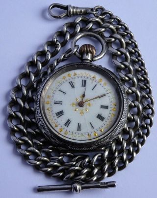 Antique Solid Sterling Silver Pocket Watch Albert Chain & Swiss Silver Fob Watch
