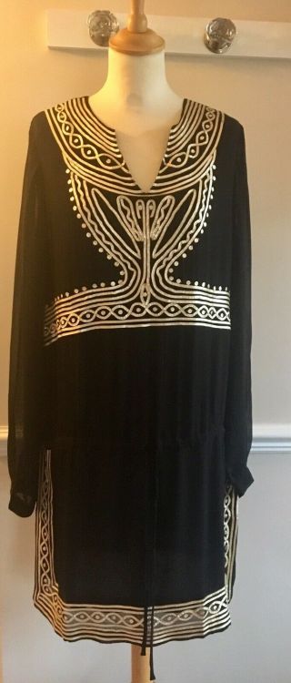 Vtg Antik Batik Inuit Djellabah Kurta Dress Kaftan Tunic Black & Gold L 42