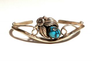 Vintage Southwestern Turquoise Flower Feather Sterling Silver Cuff Bracelet A359