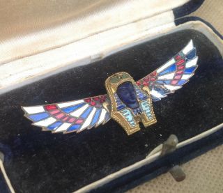 Rare Antique Egypt Bronze Brooch Badge Revival Wings Pharaoh Tutankhamen Enamel