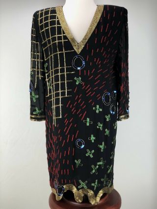 Tic Tac Toe Beaded Cocktail Evening Dress Size 6 Vintage 1980’s