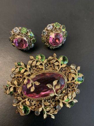 Stunning Vintage Sandor Pink Green Rhinestone Brooch Pin And Earrings