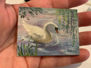 Vintage Miniature Dollhouse Artisan Hand Painted Oil Painting Swan Pond Signed