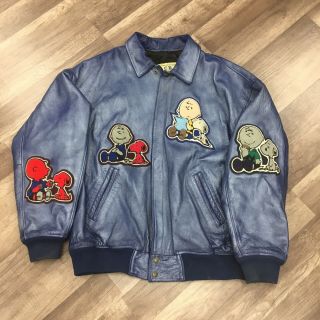 Vtg Charlie Brown Cb Leather Jacket Patches Snoopy Sz 3xl Xxxl Blue Peanuts 80s