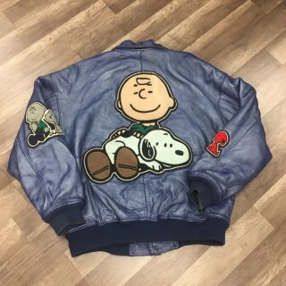 VTG CHARLIE BROWN CB LEATHER JACKET PATCHES SNOOPY SZ 3XL XXXL BLUE PEANUTS 80s 2