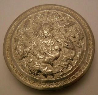 Persian Antique Silver Round Box Birds Floral Design 106 Grams Signed