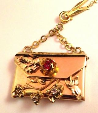 Vintage Kirks Folly Necklace Gold Envelope With Red & Clear Crystals Rare 3g