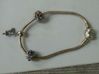 Vintage Pandora Jewelry Charm Bracelet With 3 Charms Angle Flowers