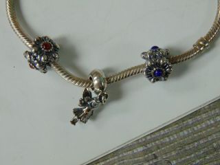 VINTAGE Pandora jewelry charm bracelet with 3 charms ANGLE FLOWERS 7