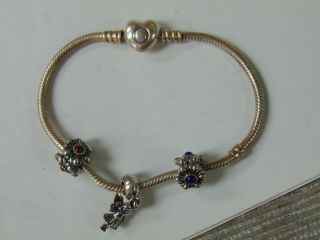 VINTAGE Pandora jewelry charm bracelet with 3 charms ANGLE FLOWERS 8