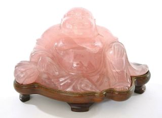 Vintage Chinese Rose Quartz Carved Carving Happy Buddha Wood Stand 774 Gram