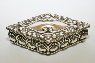 Antique Art Nouveau Diamond Shaped Solid Silver Trinket Box - Chester 1900 (67g)