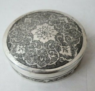 Hand Chased Antique Persian Solid Silver 84 Small Round Lidded Box Hallmarked