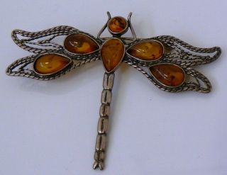 Vintage Sterling 925 Silver Baltic Amber Gemstone Dragonfly Handmade Pin Brooch