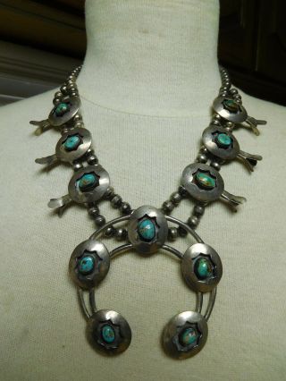 Vintage Old Pawn Navajo Sterling Silver Turquoise Squash Blossom Necklace