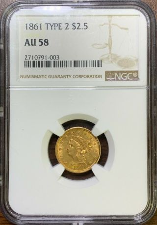1861 $2.  5 Gold Liberty Head - Ngc Au58 - Type 2 Reverse - Rare - 791 - 003