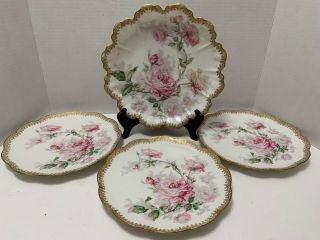 4 Antique Haviland Limoges Plates Big Pink Roses Gilt Filigree Trim Londonretail