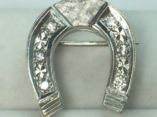 Enchanting 14k White Gold Diamond Horseshoe Brooch Pin.  5.  1gm.