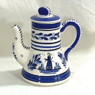 Vintage Hb Quimper Blue White Teapot Coffee Pot 9 " Pottery Serving Ware