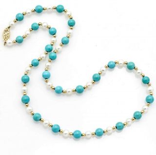Vintage 14k Yellow Gold Turquoise & Sea Pearl Beaded Strand Necklace 15.  6 Grams