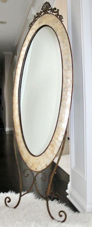 Rare Vintage 6ft Floor Cheval Mirror Shell Capiz Mother Pearl Hollywood Regency