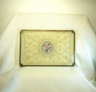 Vintage Petit Point,  Lace Glass Metal Dressing Table Tray