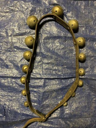 Vintage Antique 15 Brass Sleigh Bells 66” Leather Belt
