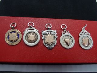 Five (5) Antique Hm Silver & 9ct Gold Front Pocket Watch Fobs Posh Pet Tags 53g