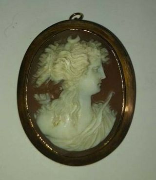 Carved Cameo Brooch Of The Roman Goddess Diana The Huntress 10k Gold