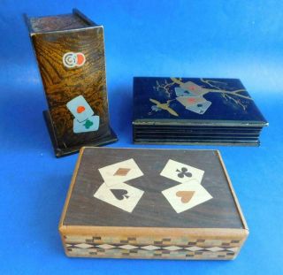 3x Vintage Japanese Lacquer & Parquetry Wood Playing Card Box Secret Opening