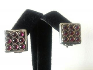 Vintage Designer K 750,  925 Square Clip - On Earrings With Cabochon Garnets