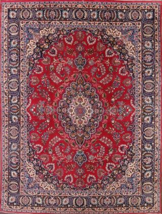 Vintage Red Traditional Signed Kashmar Persian Hand - Knotted 10x13 Wool Area Rug