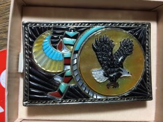 Vintage Signed Fv Zuni Knife Wing Eagle Stone Inlay Sterling Silver Belt Buckle
